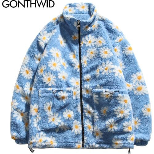 GONTHWID Cotton Padded Thick Parkas Jackets Streetwear Hip Hop Daisy Print Fleece Warm Full Zip Coats Fashion Harajuku Outwear