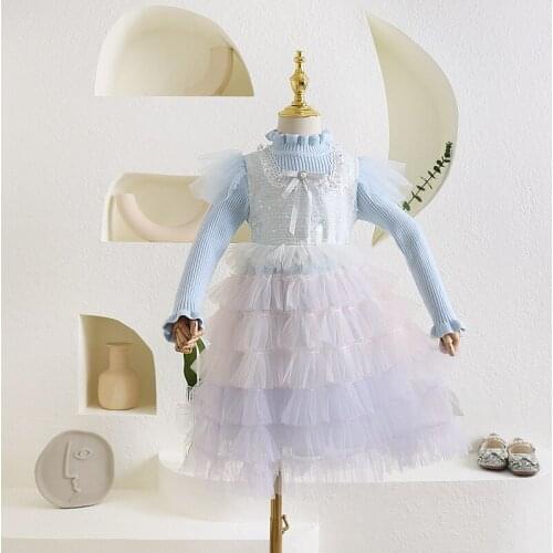 Girls sequin pearl bow knitted long sleeve princess dresses wholesale