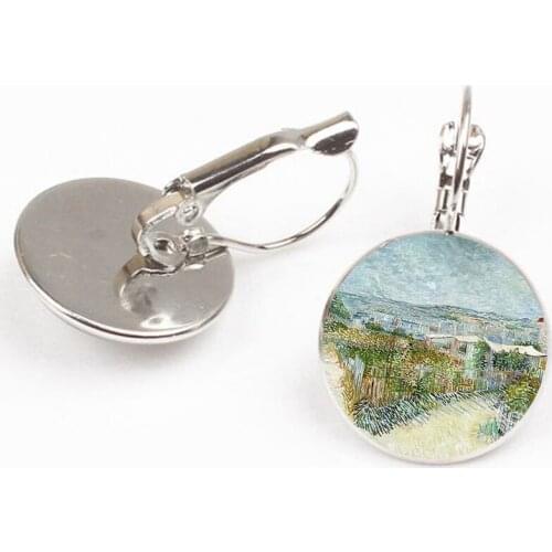 Retro Van Gogh Art Painting Series Earrings Van Gogh Starry Night Crystal Glass Ear Hanging Round Men and Women Summer Gifts