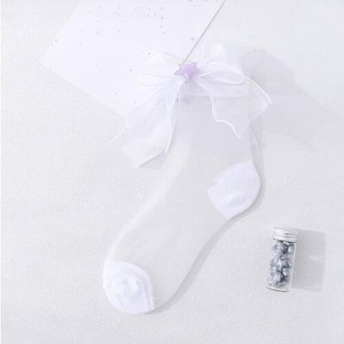 Student Lolita Glass Fiber Tulle Crew Socks Sweet Star Bowknot Kawaii Hosiery 6XDA