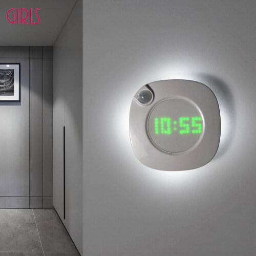 LED Smart Sensor Night Light with Clock Battery USB WC Toilet Bedroom Night Lamp Motion Sensor Closet Magnetic Wall Lamps