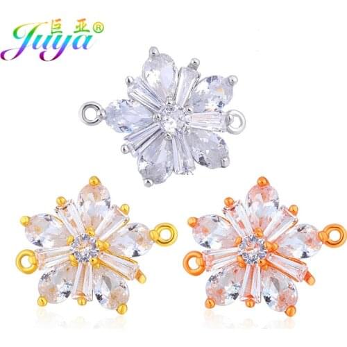 Juya Needlework Jewelry Components Handmade Cubic Zirconia Copper Flower Connectors Accessories For Bracelet Earrings DIY Making