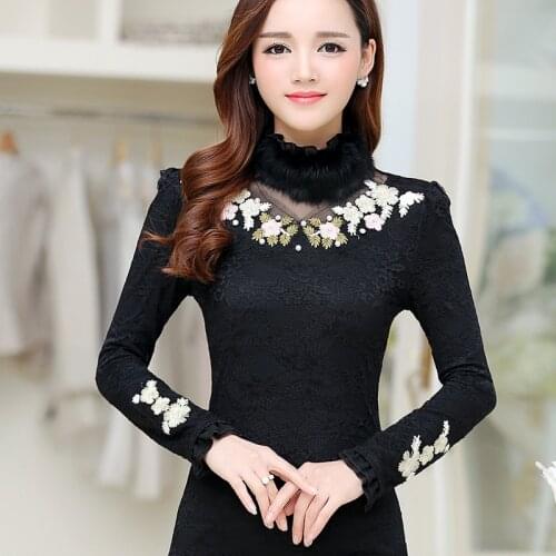 Plus Velvet Thicken Bottomed Shirt 2021 Spring Autumn Women Long Sleeved Warm Blouses Female High Necked Lace Tops Plus Size 3XL