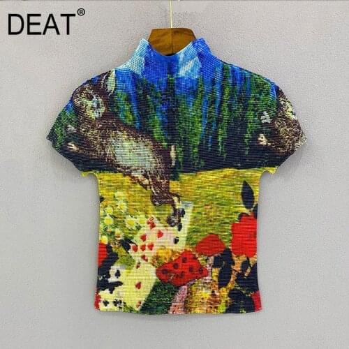 DEAT Woman Pleated T Shrit Print Turtleneck Short Sleeve Pullover Elastic Tops Wild Loose Casual Style 2021 New Summer 15XF455