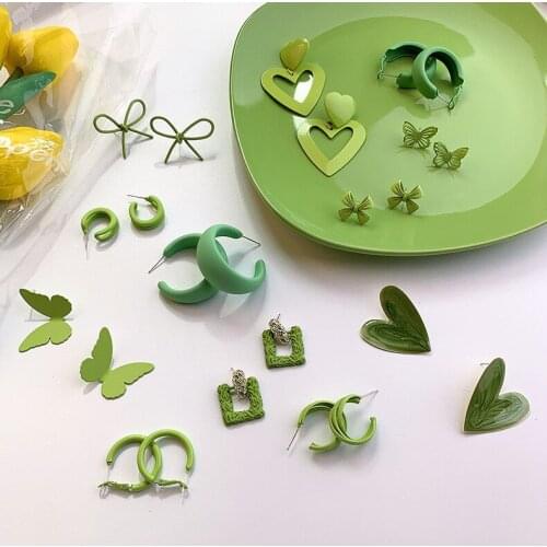 VSnow Summer Green Bowknot Love Heart Butterfly Dangle Earring for Women C Shape Hollow Geometric Wide Metal Earring Jewellery