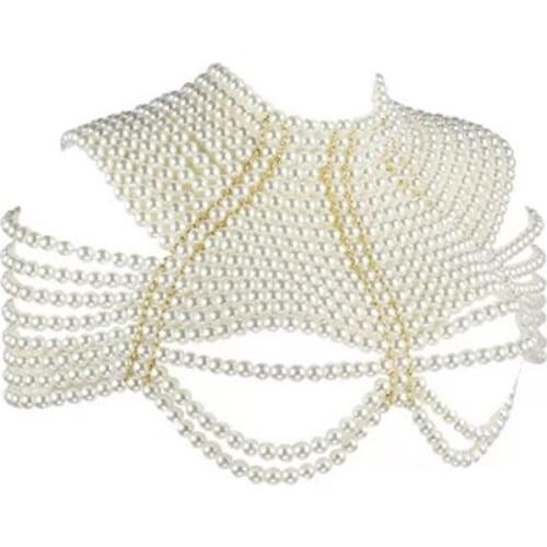 Women Imitation Pearl Beaded Bib Choker Necklace Body Chain Shawl Collar Jewelry Female Party Luxurious Decorative Costume Acces