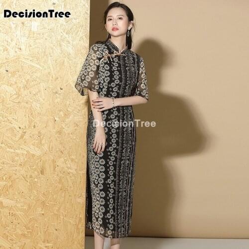 2021 lace short qipao women daily dress cheongsam print dress chinese traditional clothing vintage elegant flower cheongsam