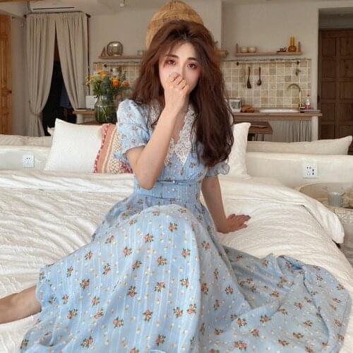 Vintage Floral Dress for Women Elegant Lace Chiffon Korean Party Dress Puff Sleeve V Neck Midi Dress Fall Dresses Summer 2021
