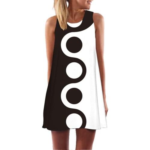 New Hot Sale Women Vest Dress Black and White 3D Printed Round Neck Large Swing Loose Strapless Mid-length Vest Sleeveless Dress