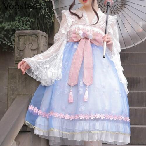 Chinese Style Sweet Lolita Jsk Dress Girly Cute Bow Lace Ruffles Princess Party Dress Women Elegant Sleeveless Fairy Hanfu Dress
