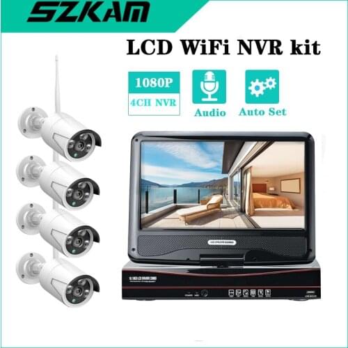 10'' LCD Wireless Nvr wifi Kit 4CH 2MP Network Surveillance Camera Monitor Recorder 1080P HD Video Audio Security CCTV System