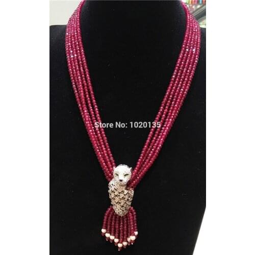 5rows pink red jade beads roundel faceted 4*2mm necklace nature beads wholesale 19inch leopard clasp