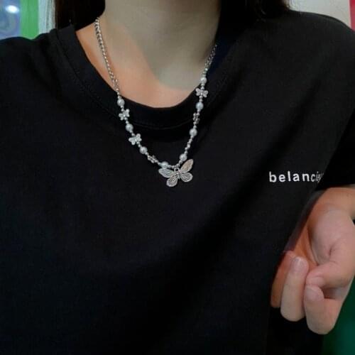 Harajuku Clavicle Chain Retro Butterfly Pendant Beaded Necklace Short Chain Necklace Simple Street Personality Jewelry for Women