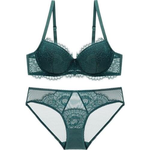 New Fashion Thin Cotton Underwear Set Women Embroidery Brassiere Sexy Bra Panties Set Plus Size D E Cup Lace Lingerie Set Green