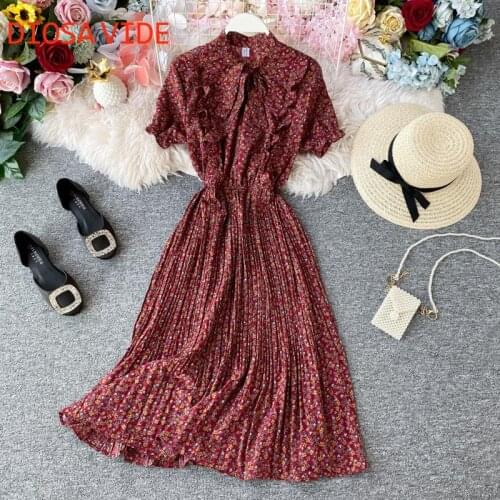Fashionable Retro French Over-the-Knee Floral Womens Summer Dress Short Sleeve Bow Slim Slim Waist Pleated Dress