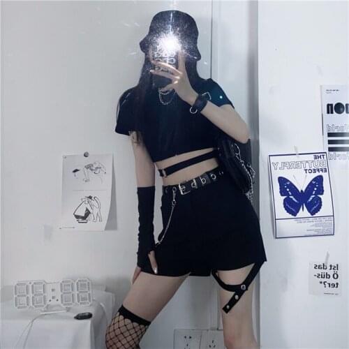 Korean New Fashion Diablo Style Two-piece Suit Harajuku Show Waist Black T-Shirts Vintage Leg Loop Hot Girl Short Sexy Slim Suit