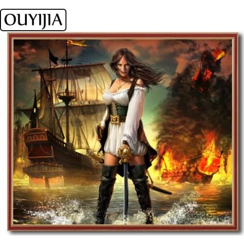 OUYIJIA Atr Oil Guns Pirate Beauty 5D DIY Diamond Painting Embroidery Mosaic Diamond Rhinestone Warship Home Decoration Sea Gift