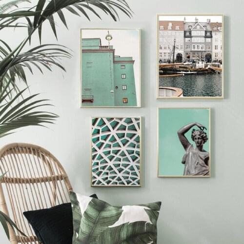 Teal City Statue Photography Poster Print Gallery Wall Art Canvas Painting Summer Theme Decoration Pictures Dorm Wall Decor