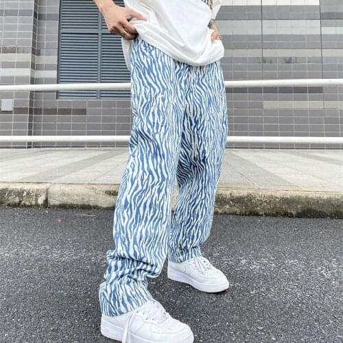 Hip-hop Zebra Pattern Spliced Straight Retro Denim Trousers Mens and Womens Vibe Washed Casual Jeans Harajuku Loose Jean Pants