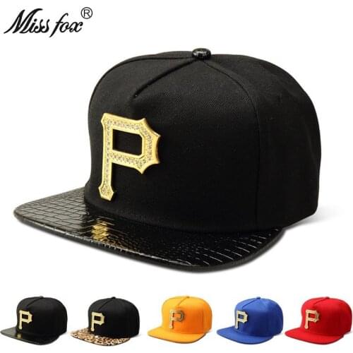 Missfox Hip Hop Gold P Letter Men Hat Crystal Paved Hip Hop Caps Flat Brim Crocodile Pattern Black Mens Caps