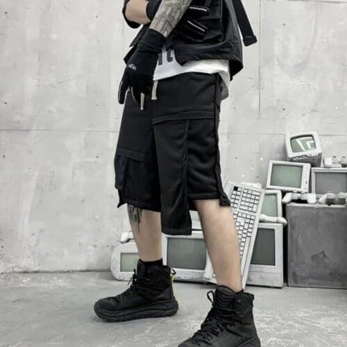 Irregular Hip Hop Cargo Shorts Mens Harajuku Casual Knee-length Knit Shorts Goth Punk Streetwear Short Pants Bermuda Masculina