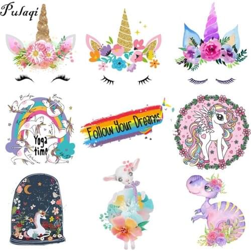 Pulaqi Unicorn Iron On Heat Transfers Vinyl Cartoon Ironing Thermal Stickers On Kids T-shirt DIY Patches For Clothing Appliques