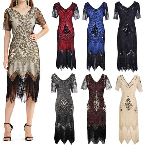 Vintage Short Sleeve Flapper Dress Sequin Beaded Fringe Midi Dress 1920s Great Gatsby Costume Valentine Cocktail Party Dress