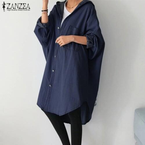 ZANZEA Autumn Women Denim Blue Jackets Hoodies Sleeve Thin Coats Casual Buttons Down Long Outwear Loose Solid Cardigan 7