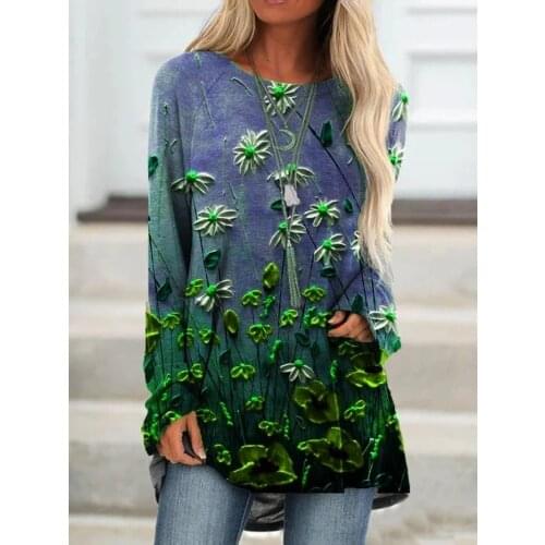 2021 Spring Summer Gradient Floral Print Women Blouse Shirt Long Sleeves Tops Casual Loose Streetwear Elegant Party Pullover