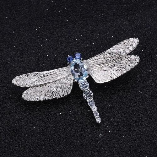GEMS BALLET Handmade Design Dragonfly Brooch 925 Sterling Sliver 1.41Ct Natural Sky Blue Topaz Brooches For Women Fine Jewelry