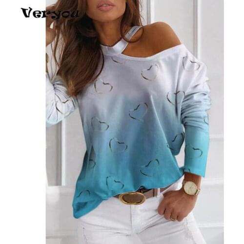 2021 Women Sexy Elegant Halter Shirt Women Heart Shape Print Long Sleeve Casual Tops Pullovers Lady Off Shoulder Spring Top