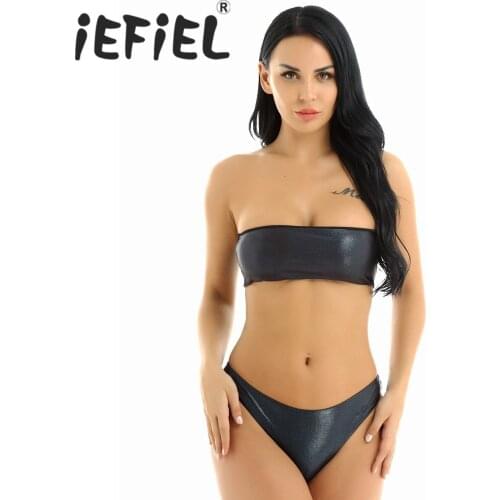 Women Shiny Metallic Bikini Set 2019 Women Sexy Beachwear Two Piece Set Thong Bikinis Strapless Padd Tube Top with Cheeky Bottom