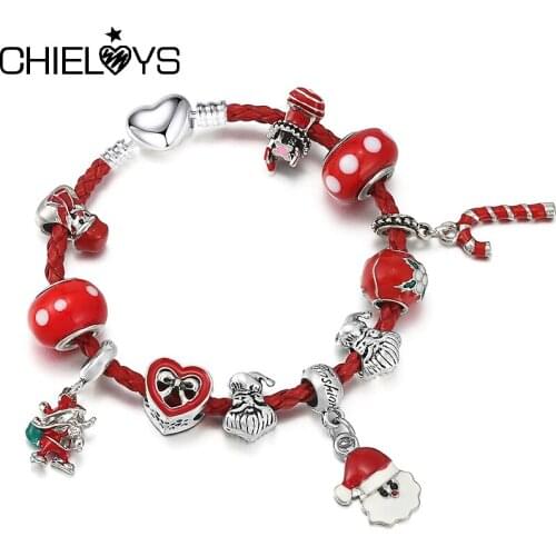 2021 Trendy Xmas Style Womans Charm Bracelet Leather Chain Santa Claus Beads Bracelets For Women on Hand Christmas Jewelry Gift