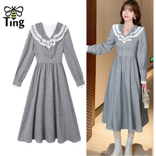 Tingfly Vintage Elegant Lace Patchwork Peter Pan Collar Plaid A Line Dress Retro Street Casual Autumn Midi Long Vestidos Robes