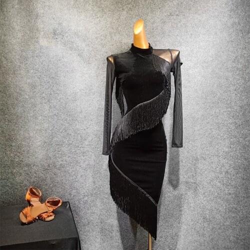 Adult Women Tassel Black Dress for Latin Samba Dance Long Sleeve Stitching Velvet Practice Wear Competition Costumes Sexy Lady