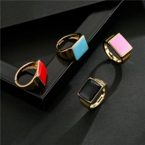 Multicolor Enamel Dripping Oil Rectangle Ring For Women, Adjustable Copper Gold Plated Rings Party Jewelry Gift