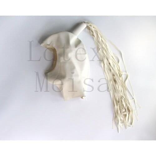 100% natural latex Fetish hoods with latex pigtail and open face in white color for adults