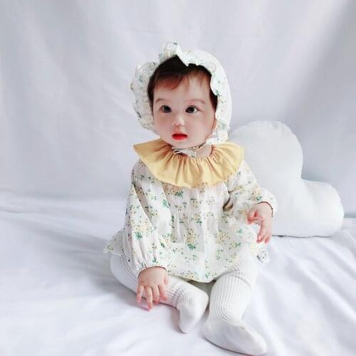 Baby Girl Clothes 2 Piece Ruffles O-neck Long Sleeve Floral Print Princess Baby Romper+Hat Cute Toddler Girl Fall Clothes 0-18M