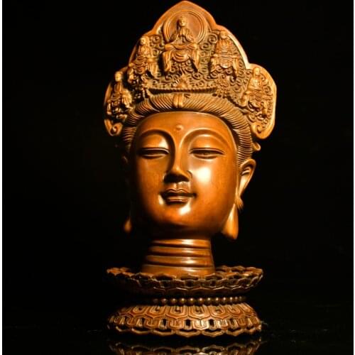 9"China Lucky Old Boxwood Hand-carved Guanyin Bodhisattva Buddha Head Statue Amitabha Office Ornaments Town House Exorcism