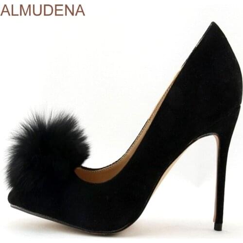 ALMUDENA New Yesr Spring Designer Black Suede Dress Shoes Pointed Toe Pom Pom Pumps Sweet Fur Decorated Girls' Gladiator Shoes
