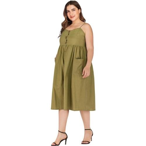 Sleeveless Summer Dress XL To 4XL Plus Size Women Dress Solid Color Single Breasted A-line Casual Dresses T2028