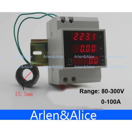 Din rail voltmeter ammeter 80-300V 0-100.0A display active and Apparent power factor With extra CT Current Transformer
