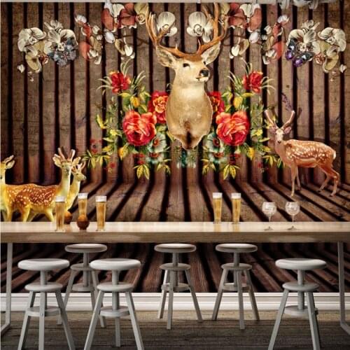 Photo wallpaper Retro deer head peony hand painted wallpaper 3D background wall decoration painting stereo wallpaper mural