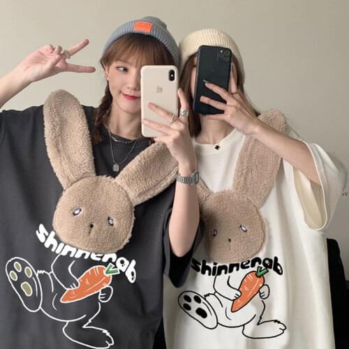Deeptown Bunny T-Shirt Women Harajuku Cute Tops Korean Style Patchwork Cotton Graphic Tee Funny Animal Alt Clothes Design Casual