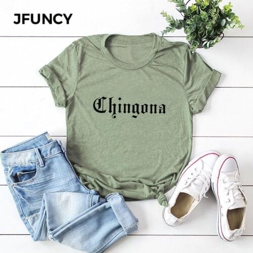 JFUNCY Chingona Letter Print 100%Cotton Summer T Shirt Women Short Sleeve T-shirt Female Tees Plus Size Casual Lady Basic Tops