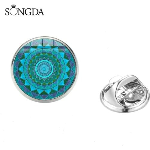 Classic Blue Mandala Sacred Geometric Brooches Om India Yoga Symbol Art Flower Lotus Glass Photo Round Brooch Pins Badge