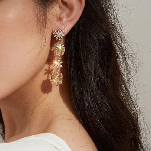 Korean Fashion Zircon Flower Drop Earrings For Women Cute Champagne Orange Acrylic Beads Boucle D'oreille Party Jewelry