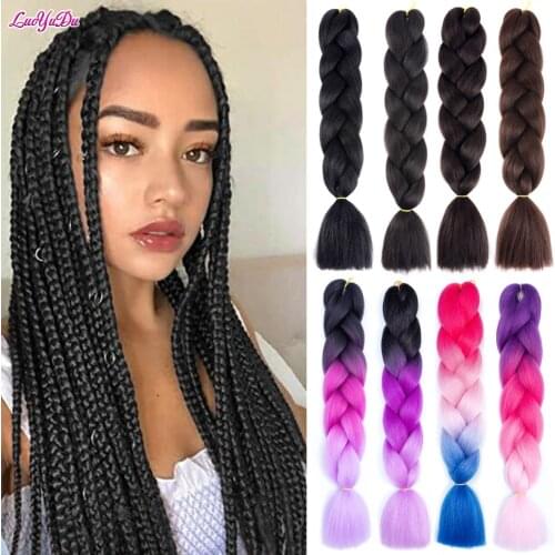 LUOYUDU 24Inch Long Synthetic Crochet Braid Crochet Hair Ombre Blue Pink Hook Braiding Hair Box Braids Hair Extensions For Woman