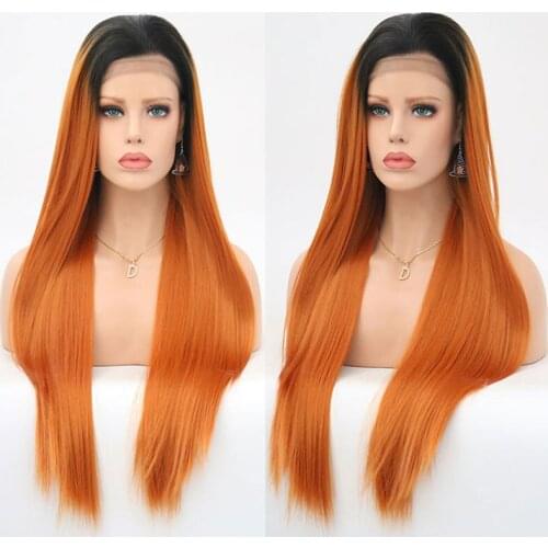Ombre Orange Straight Synthetic Lace Front Wig Dark Roots Heat Resistant Fiber Hair Natural Hairline Free Parting For Women Wigs