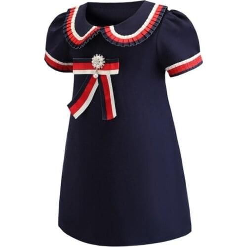 Dress For Girls Spring Summer Cotton Quality Girls Dress Girl O-Neck Short-sleeved College Wind Bow Children Clothes 2-8 Years